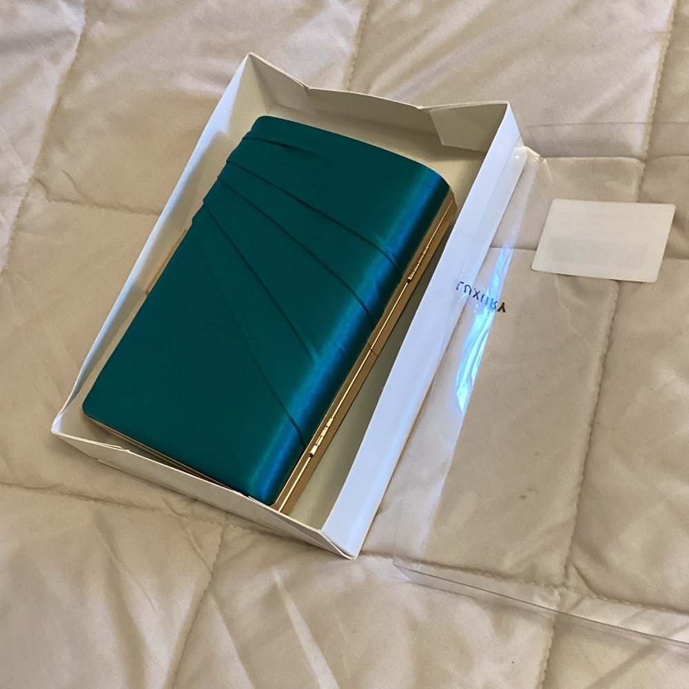Teal Satin Evening Clutch with Gold Trim